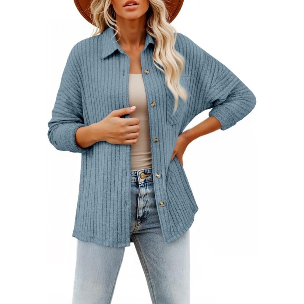 Women's Long Sleeve Blue Button Down Jacket Shirts Loose Sweater Blouses Tops